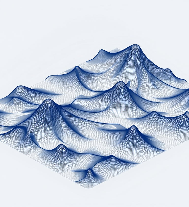 A clean, technical visualization of a procedural terrain mesh in a developer environment, showing wireframe nodes and vertex data. Professional UI aesthetic with muted #3F516B blue tones on a clean background.