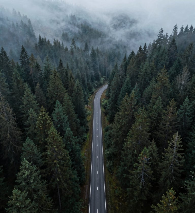 A high-altitude aerial view of a winding road through a dense, foggy pine forest. The mood is moody and cinematic, using #1B263B for the deep greens and #E0E1DD for the mist. 4K high-fidelity texture.