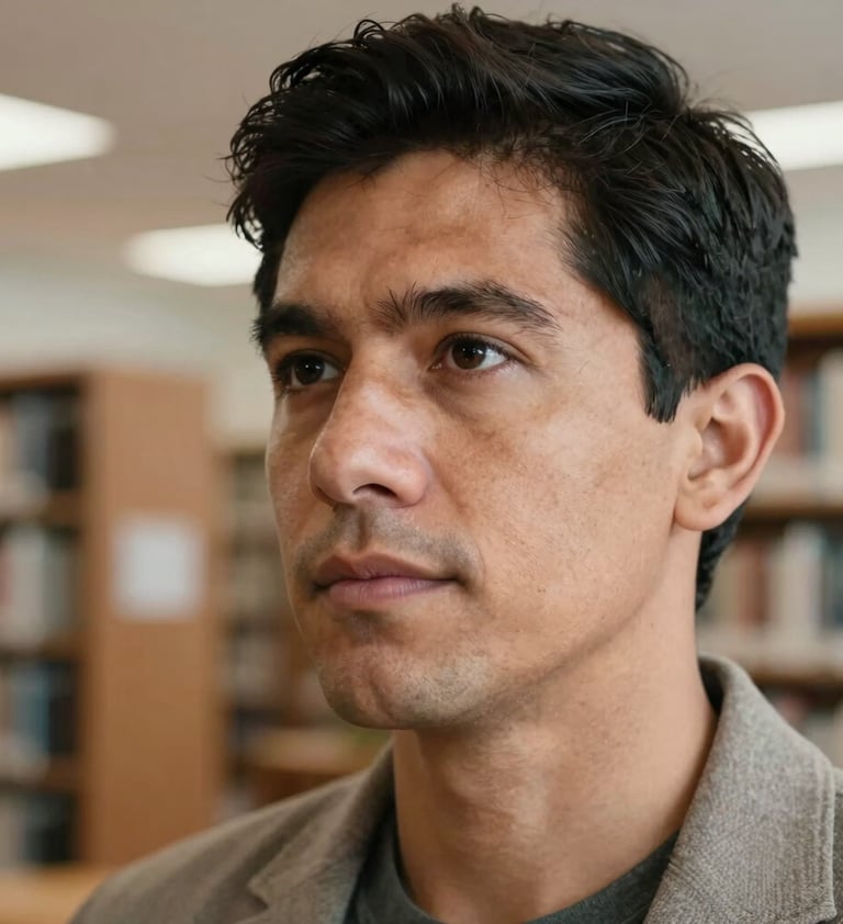 Close-up portrait of a Latinoamericano / Hispano person looking thoughtfully into the distance. Sharp focus on the face, with a soft bokeh background of a modern library. Soft, diffused lighting in taupe and off-white tones.