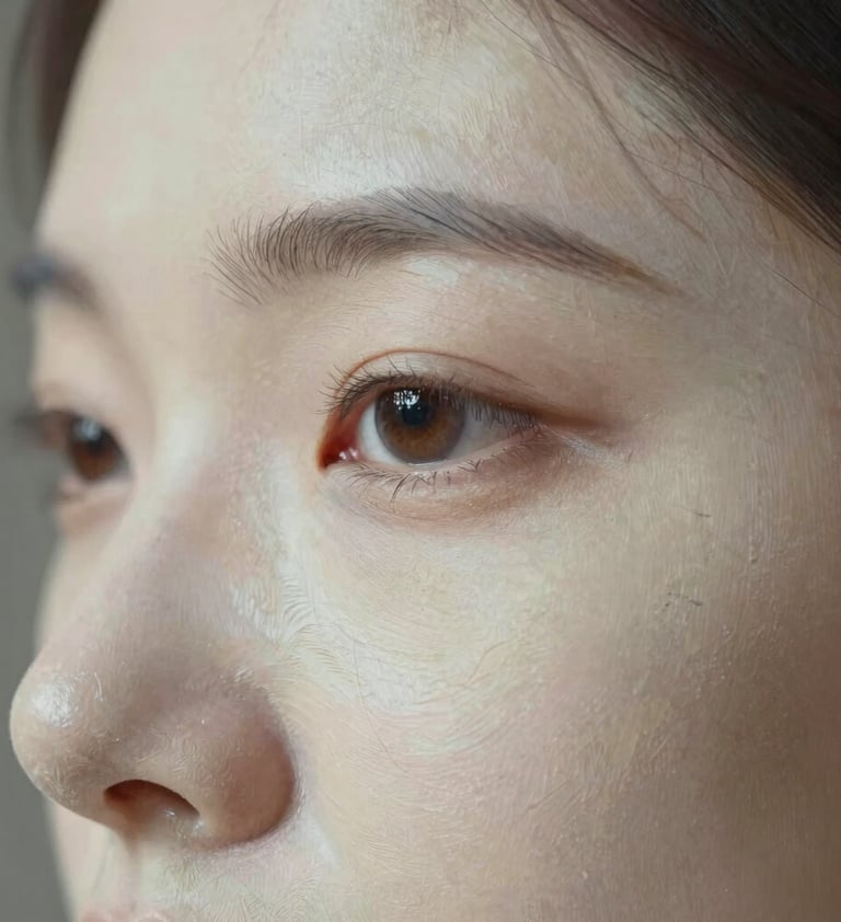 A macro detail shot of the profile painting, focusing on the eye and the play of soft morning light across the face. The brushwork is refined and professional, conveying artistic depth through a limited palette of off-white and warm grey.