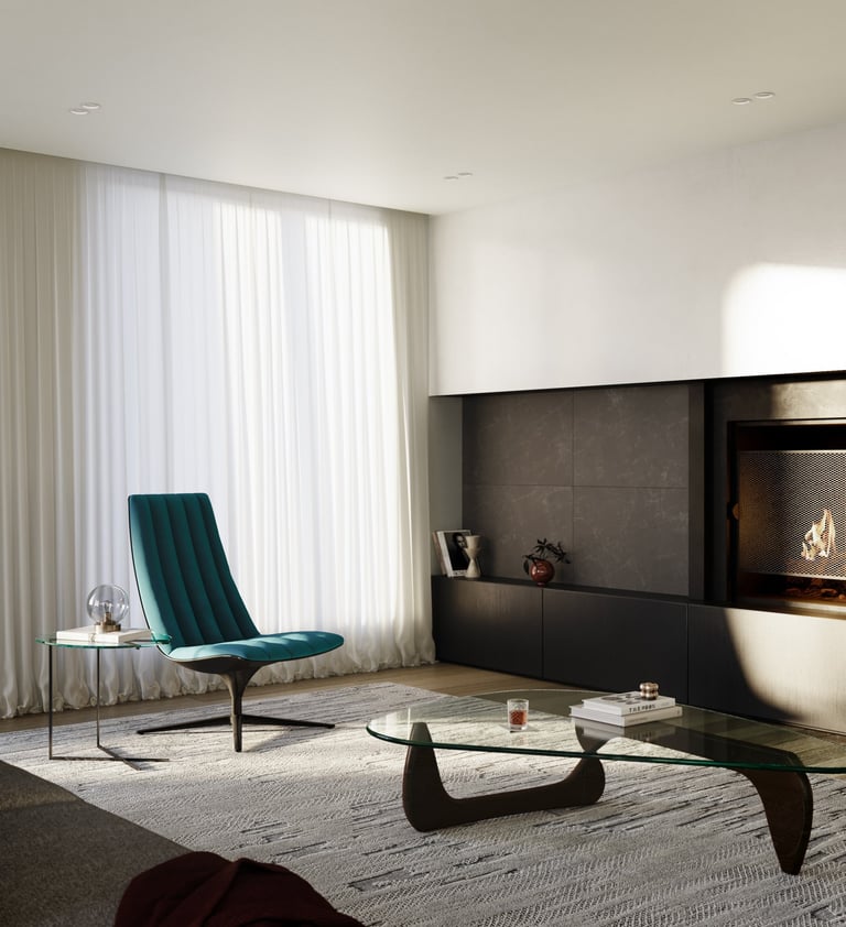 Sala de estar minimalista con muebles modernos, hogar a leña, lounge chair azul y mesa de centro