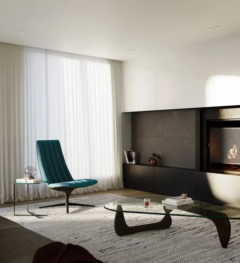 Diseño Interior Moderno y minimalista. Contemporáneo. Sillón azul.