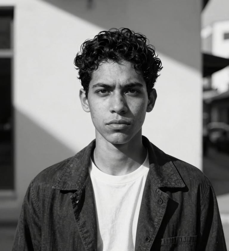 Artistic black and white portrait of a person in a South American / Brazilian urban setting. High contrast, sharp shadows from nearby architectural structures, minimalist composition focusing on an intense gaze and modern attire.