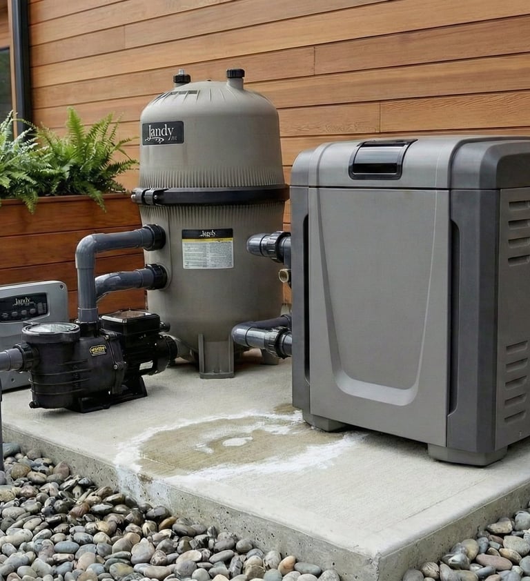 Pool heater equipment pad showing common causes of inconsistent heating