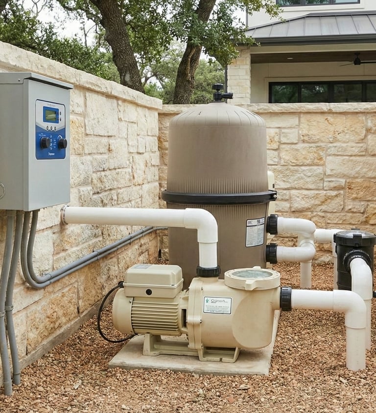 Pool equipment pad in Round Rock, Texas during a salt system troubleshooting and repair diagnostic