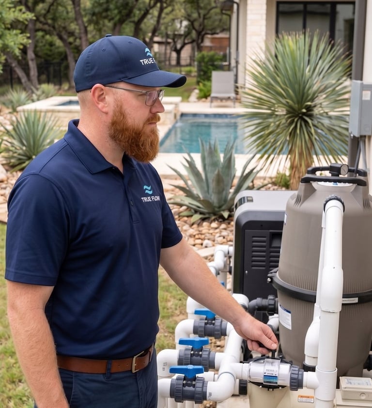 Pool pro inspecting pool equipment pad at a Round Rock home during a pool cleaning visit