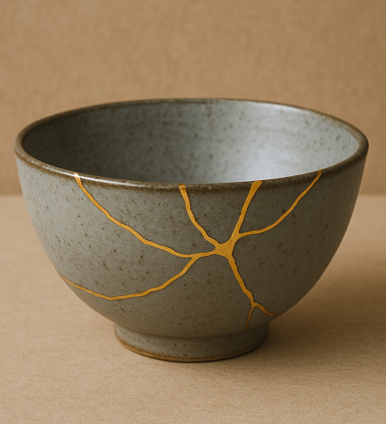 Kintsugi, a Japanese art of repairing broken pottery with gold symbolizing healing and resilience.