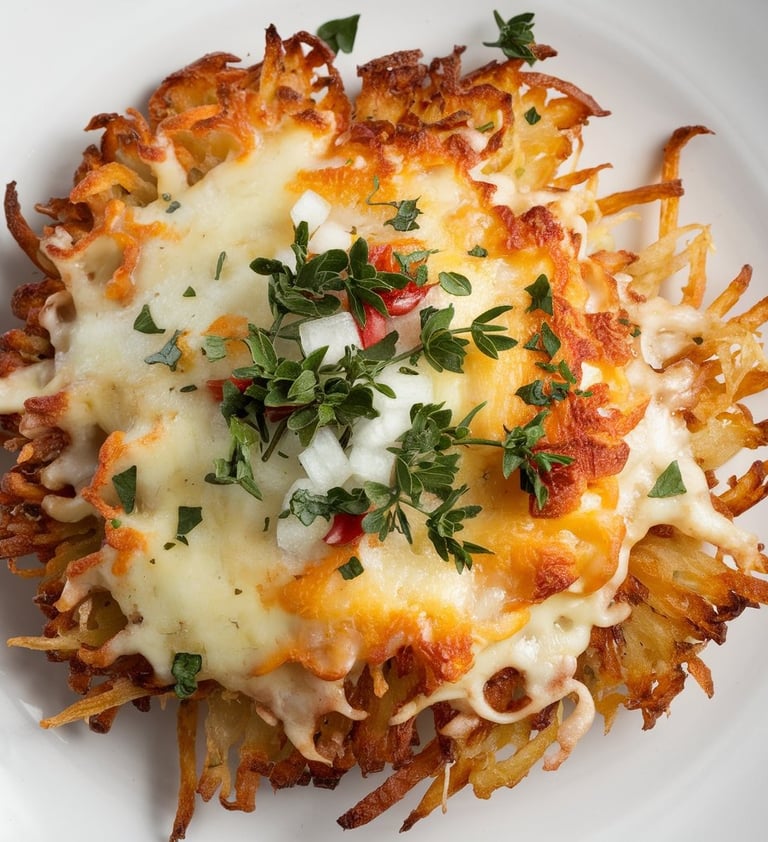 a plate of hashbrowns with cheese