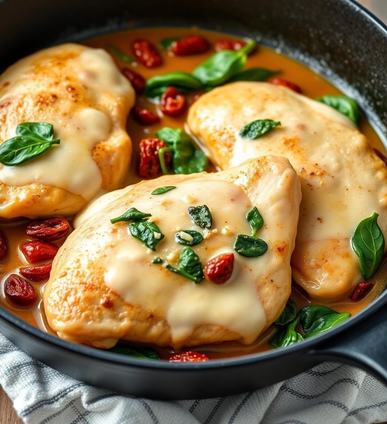 Creamy Tuscan Chicken in a cast iron skillet