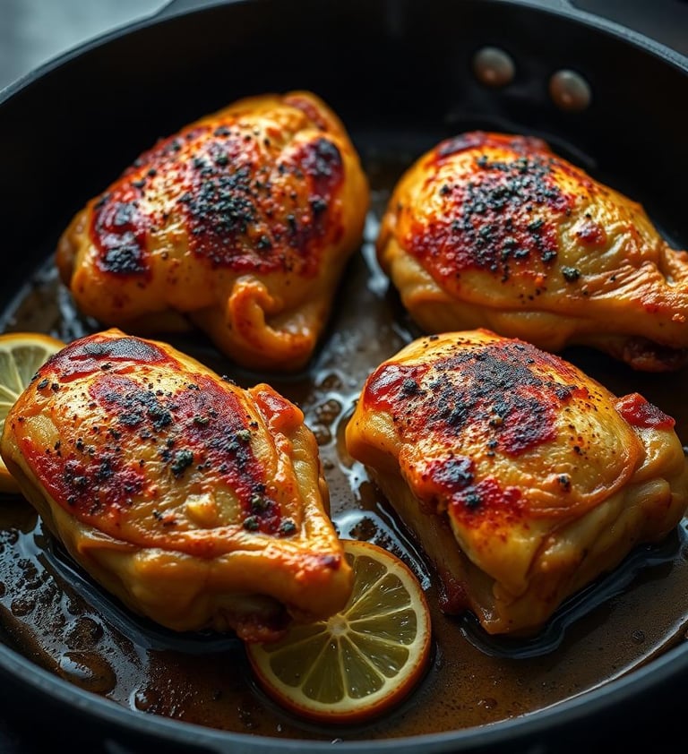 Paprika & Lemon Roasted 4 Chicken thighs cooking in a cast iron skillet