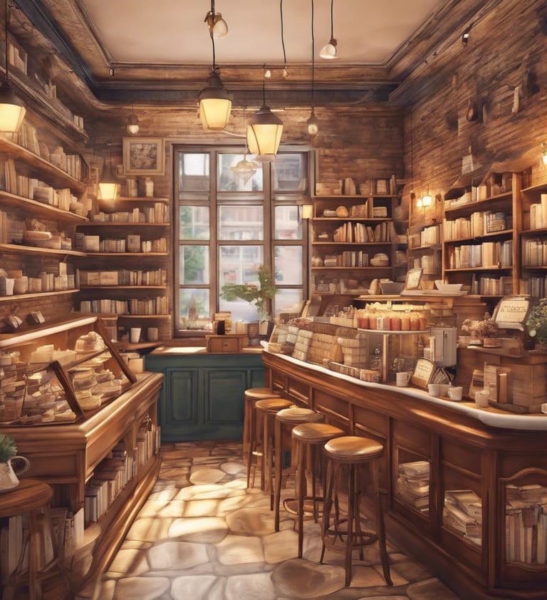 a store with a wooden counter top and shelves filled with books