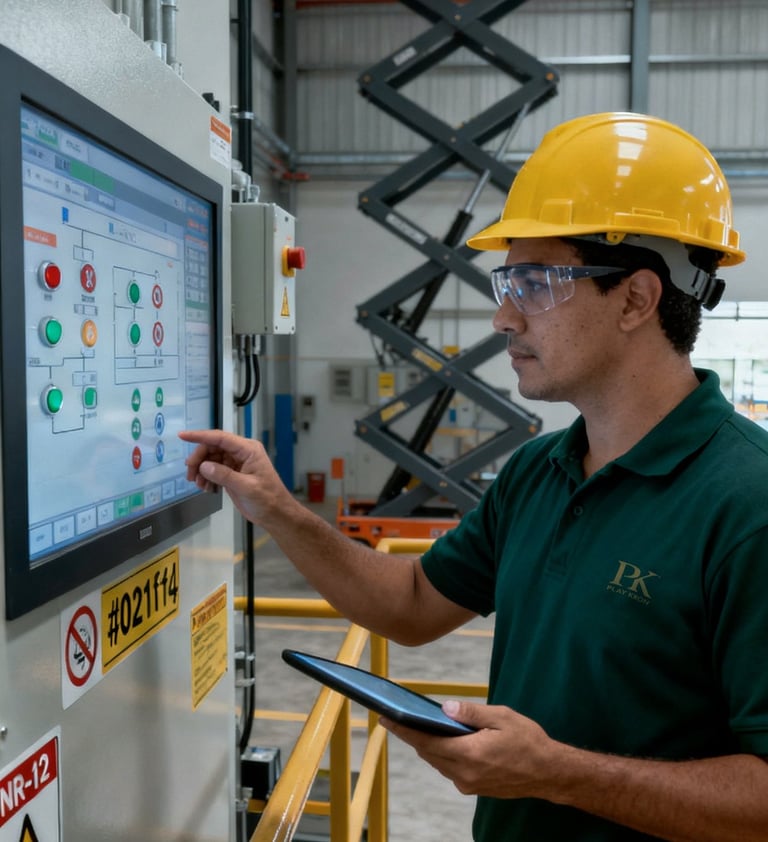 Técnico da Play KRon executando manutenção em painel de automação (CLP) de plataforma elevatória tipo tesoura, com EPI e lock