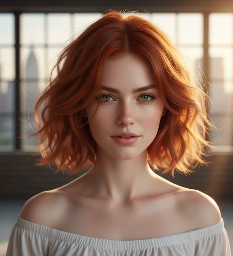 a woman with red hair and a white top