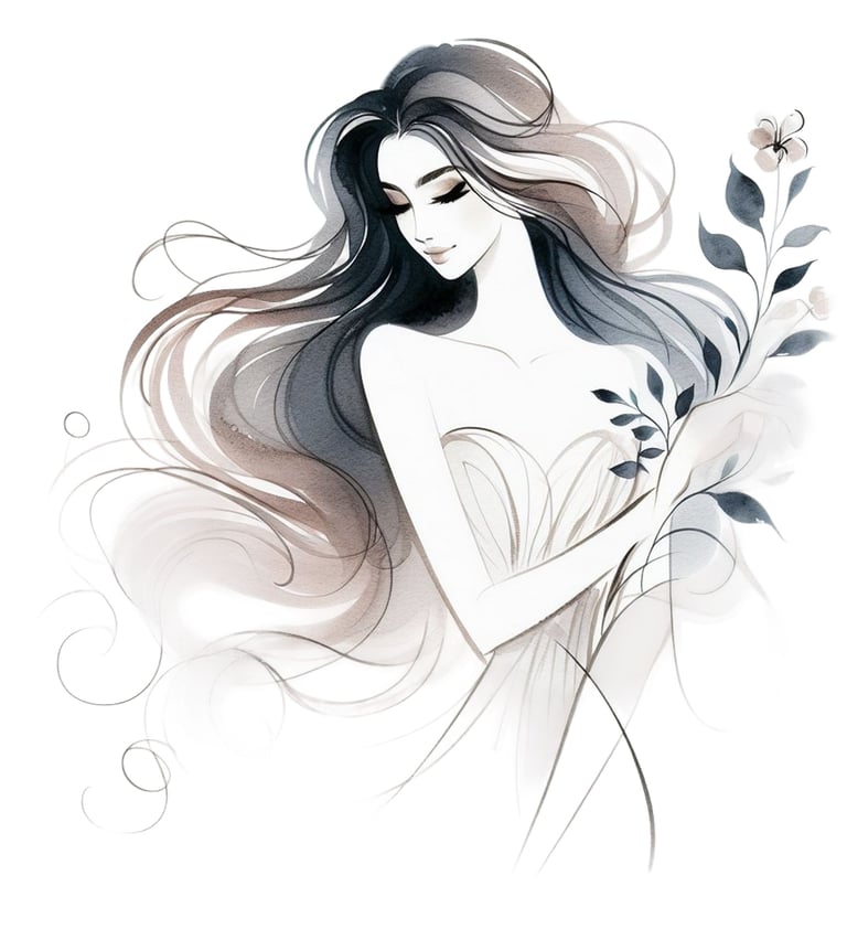a woman with long hair and a flower in her hand