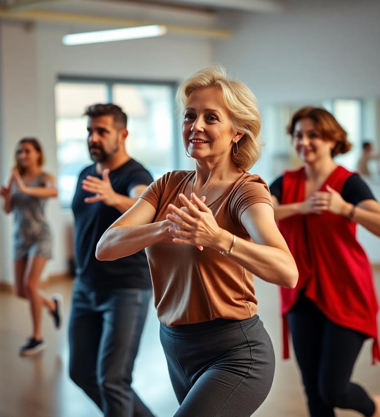 a woman in a brown shirt and jeans dancing with a man in a red shirt