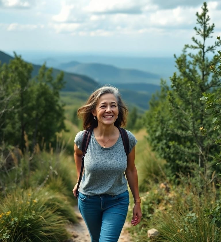a woman walking down a path with a backpack