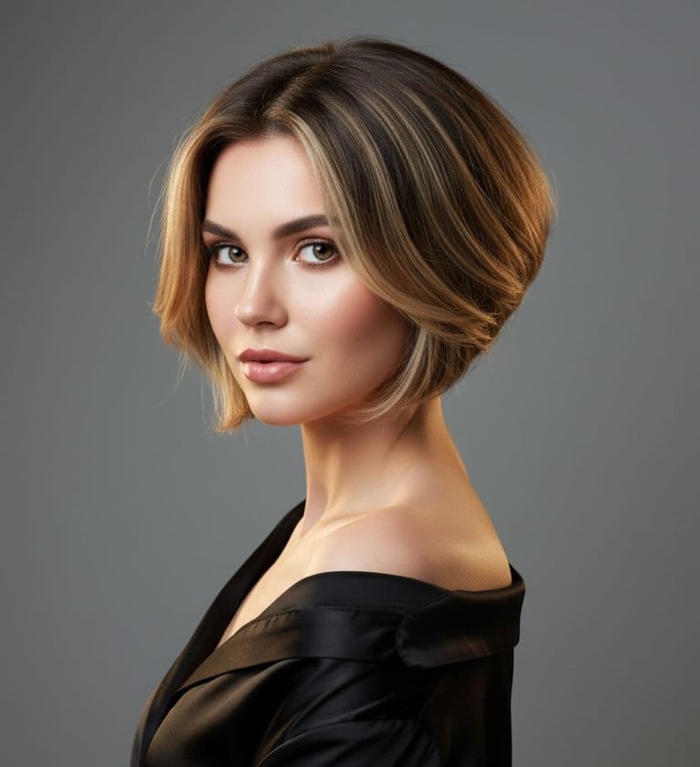 a woman with a short haircut and a black dress