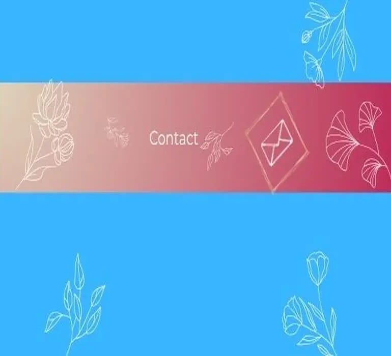  Bannière “Contact” sur fond dégradé beige‑rose, avec une icône d’enveloppe et des illustrations florales blanches.