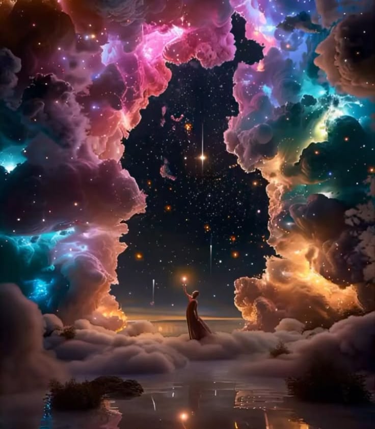 personne au milieu d'un rêve dans le ciel au milieu de nuage avec une ambiance colorée et douce 