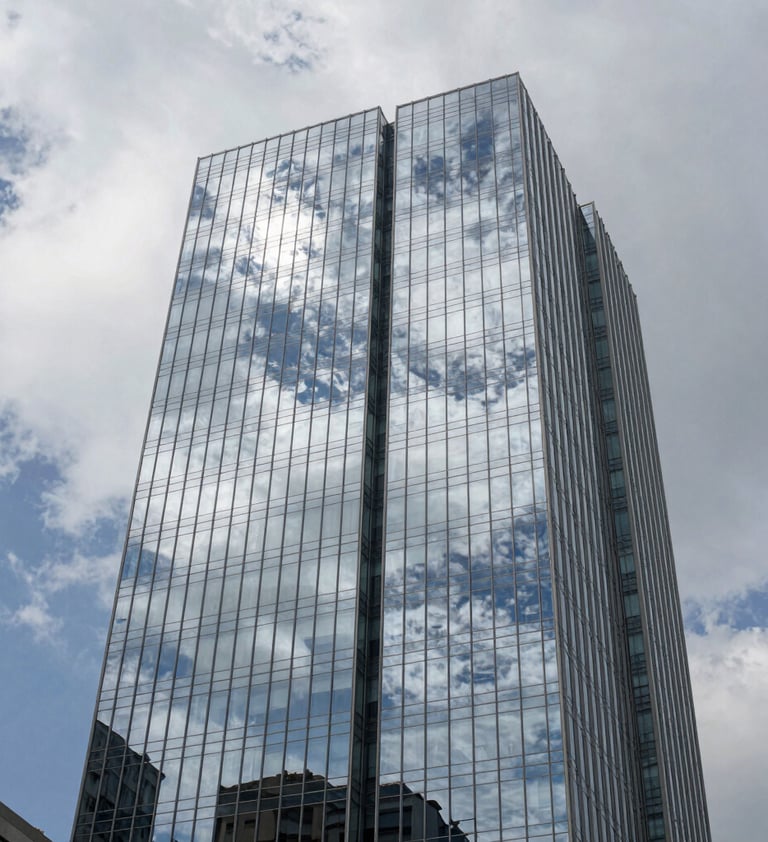 Architectural detail of a modern glass skyscraper in São Paulo, Brazil. The building reflects a cloud white and soft blue grey sky. The shot is taken from a low angle looking up, symbolizing growth and professional forward-thinking.