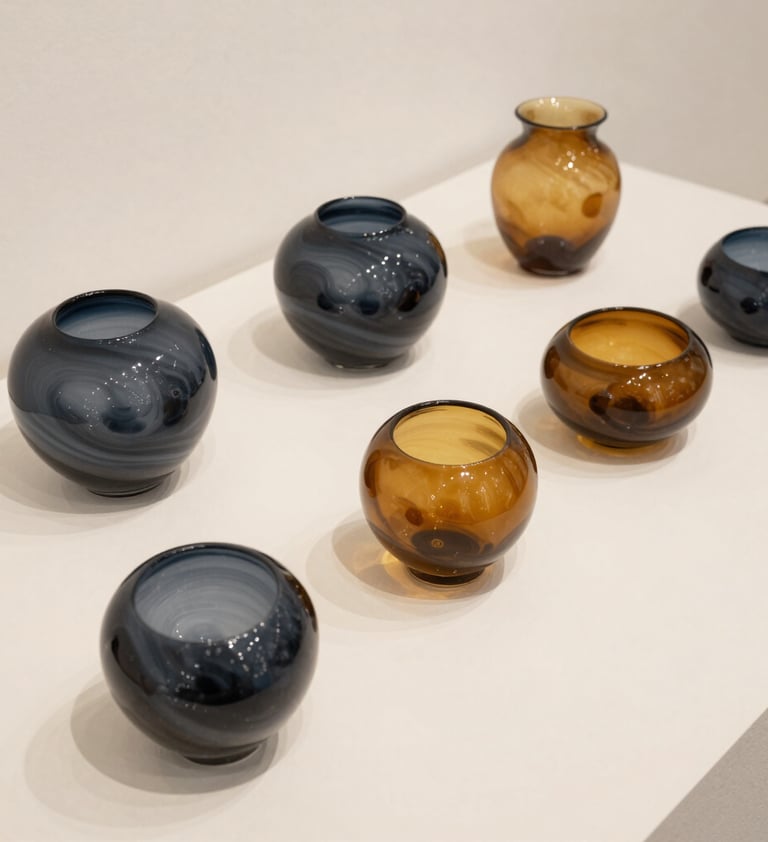 Minimalist photography of a series of artistic glass forms on a Soft Off-White surface in a Northern European / Welsh / British gallery. Each form contains swirls of Deep Charcoal and Warm Ochre, captured with high-resolution clarity and clean composition to evoke curiosity and innovation.