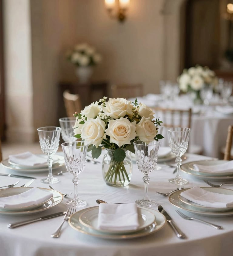 A luxury wedding reception table setup in a historic hacienda, featuring crystal glassware, fine china, and centerpieces with ivory roses. The aesthetic is sophisticated and minimalist with soft champagne lighting.
