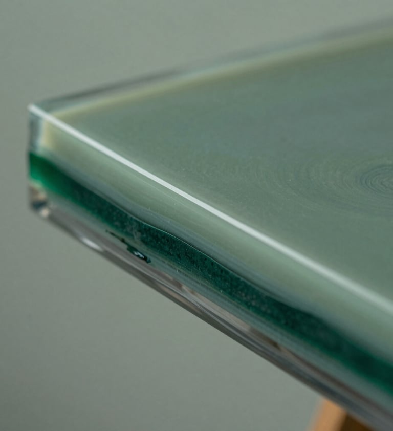 A close-up side profile shot of the resin painting, emphasizing the thickness of the translucent layers. The depth of the muted sage green and deep forest green pigments is visible through the clear, polished resin edge.