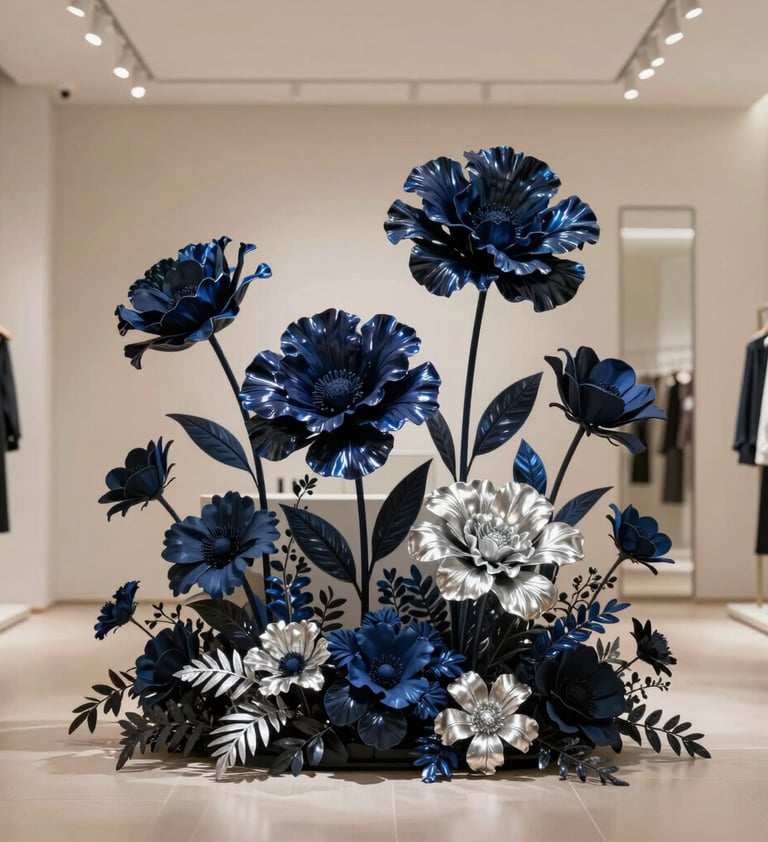 Photography of a large-scale floral installation in a high-fashion boutique in North American / US. The flowers are crafted from reflective deep navy and silver materials, standing as a centerpiece under soft, warm off-white ambient lighting.
