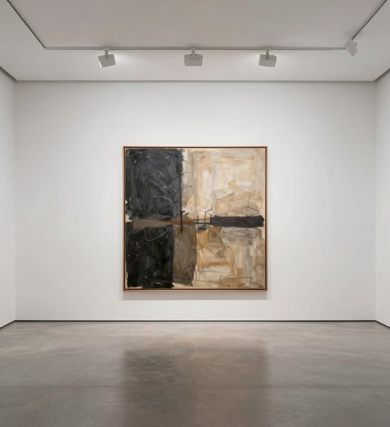 Wide-angle shot of a minimalist art gallery with high ceilings and white walls. A single, large abstract painting in shades of charcoal and tan is displayed under soft spotlights. Clean lines and a professional curated feel.
