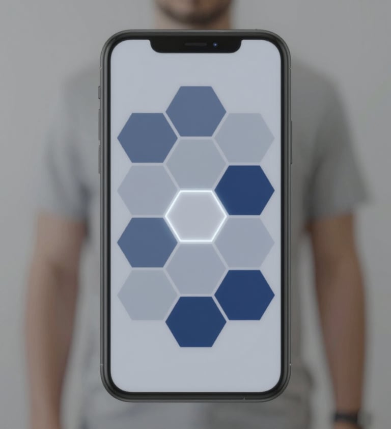 A futuristic biometric login screen concept for a mobile app. It features a sophisticated hexagonal scanning pattern in #7A8C9E and #2D3A4B. The aesthetic is clean, secure, and cutting-edge, perfectly matching a professional designer portfolio.