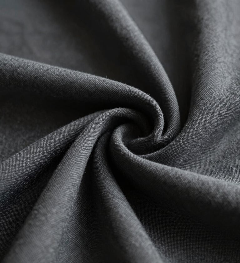 Close-up artistic shot of a high-quality textured fabric with elegant folds. The lighting is soft and moody, emphasizing the weave. The color palette includes #363636 and #B5A591. The background is a profound #000000, reflecting a premium visual experience.