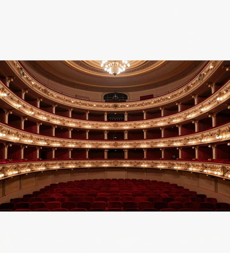 An elegant wide-angle shot of a grand opera house auditorium seen from the stage, with rows of plush red velvet seats and ornate balconies. The lighting mimics a professional stage setup with dramatic spotlights using the brand colors #6B242D and #F2F0EB.