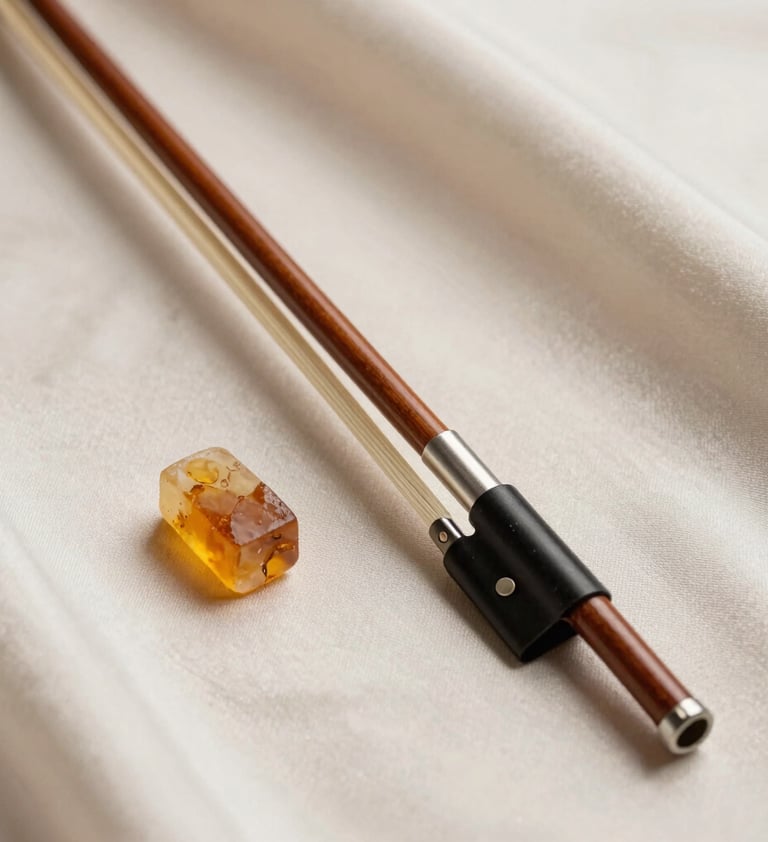 A detailed shot of a violin bow and a block of amber rosin on a soft off-white silk cloth. The scene is elegant and professional, reflecting the high-quality musical standards of a Southern European / Spanish artist. Palette colors: muted earthy brown and warm silver taupe.