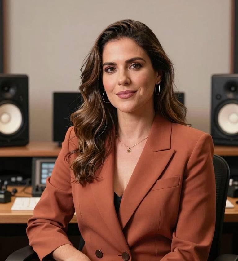 A professional and warm portrait of Elaine Siqueira in her music studio. She is sitting behind a desk with studio monitors, wearing a muted terracotta blazer. The lighting is soft off-white, creating a premium and approachable look.