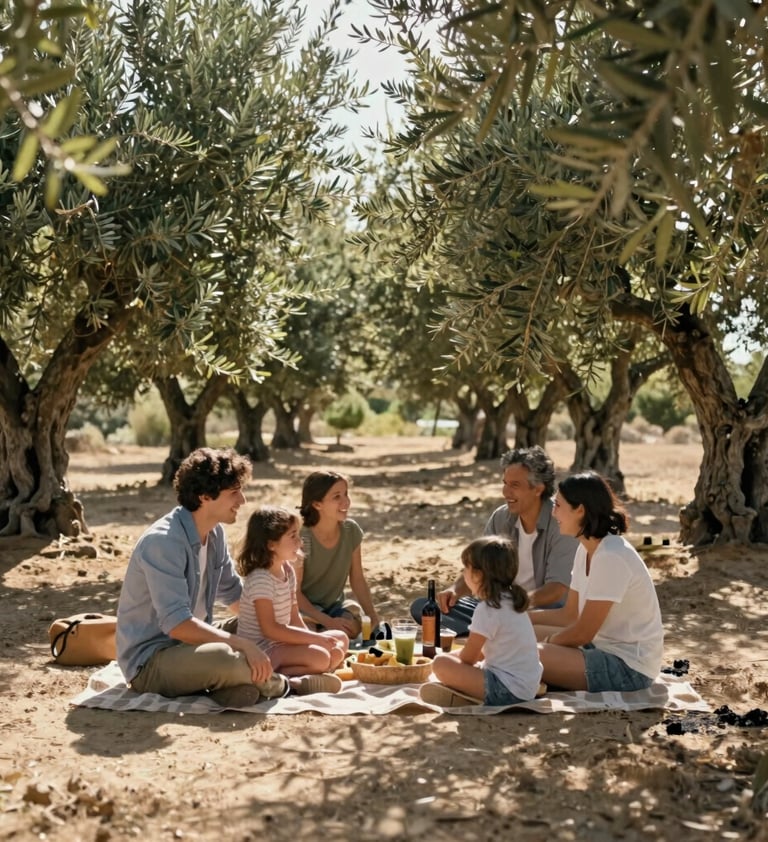 A wide cinematic shot of a family picnic under ancient olive trees in Spain. Sunbeams filtering through leaves, authentic joy, natural poses. Sand and charcoal color accents.