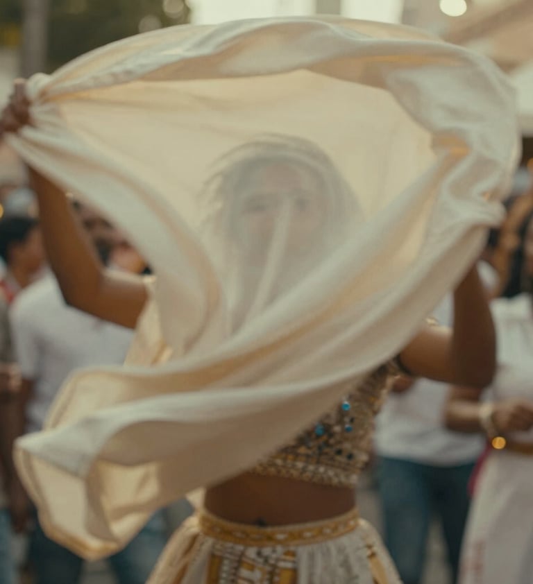 A dynamic shot capturing motion blur of fabric or movement during a celebration. It feels alive and authentic. The lighting is warm and golden, utilizing #C4B29A and #6F604F to maintain a premium, artistic aesthetic.