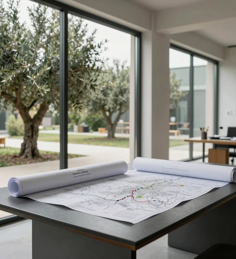 An interior shot of an architectural studio or living lab. Large windows reveal olive green trees outside. Inside, a minimalist charcoal table holds rolled-up blueprints and a topographic map. The lighting is airy and bright.