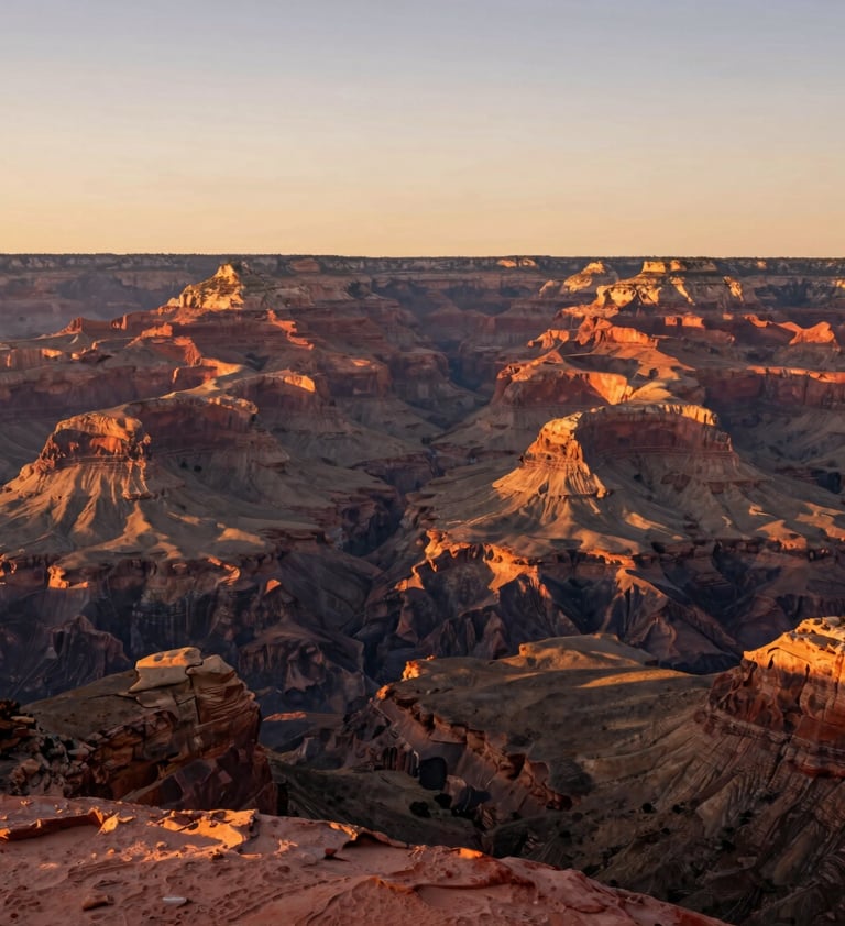 A wide cinematic shot of a majestic North American / US canyon at golden hour. The landscape is bathed in warm light, highlighting the vibrant terracotta rock formations against a soft sand sky. The composition is clean and breathtaking, focusing on the scale of the natural environment.