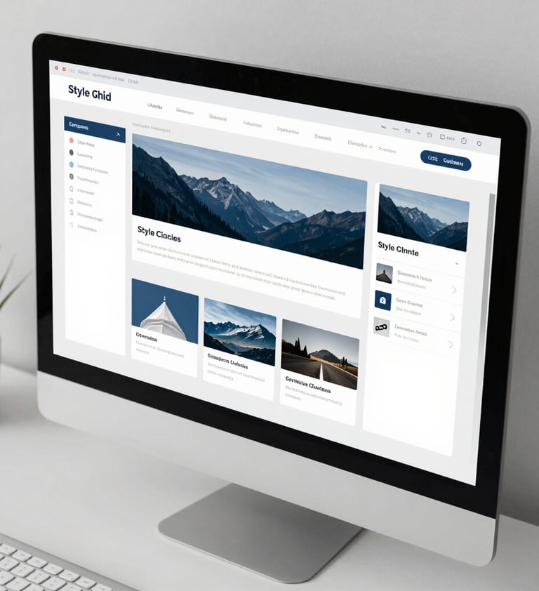High-angle shot of a desktop monitor displaying a comprehensive UI style guide with a muted blue and white palette, in a clean, minimalist North American / US workspace.