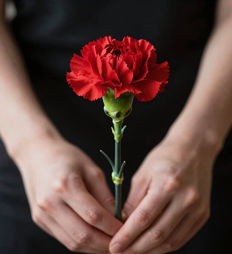 A close-up of hands holding a single red carnation against a deep black background, high contrast, sharp focus, North American / US photography style, elegant and striking.