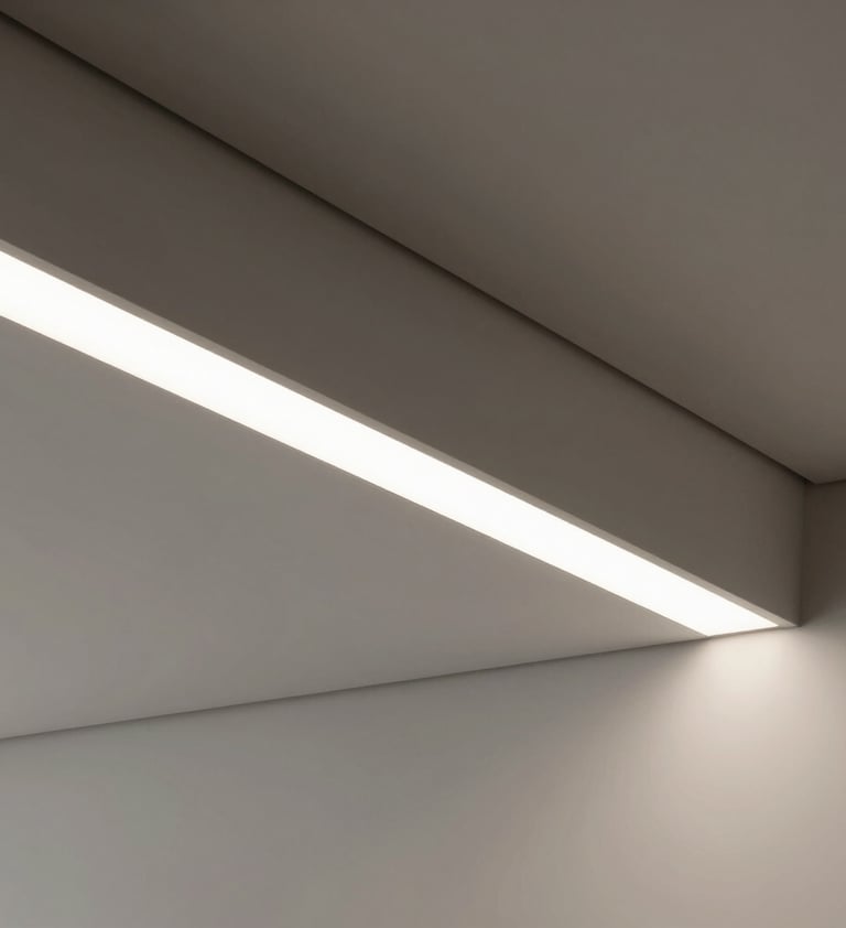 Detail of the minimalist interior lighting and ceiling structure. Clean lines and neutral tones of pale silver gray and off-white. Sophisticated shadows creating a sense of depth and innovative spatial solutions.