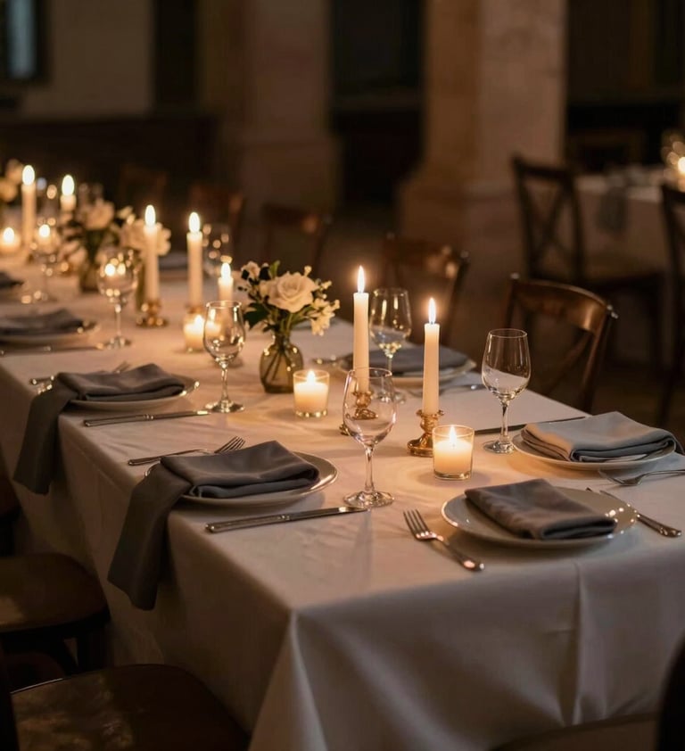 An artistic shot of a candlelit dinner table at a luxury wedding reception in Southern Europe. Deep shadows, warm golden light from the candles, off-white linens, sophisticated charcoal accents, dark and moody photography style.