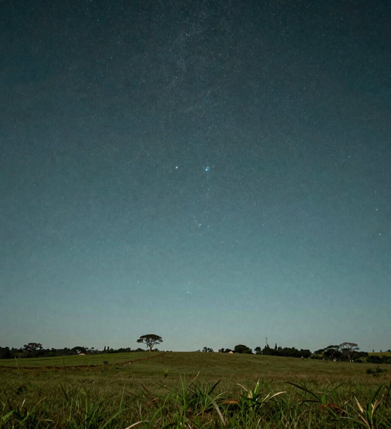An artistic, high-contrast long exposure photograph of the night sky over a South American / Brazilian rural landscape, referencing the award-winning photography of a comet. The colors are dominated by dark slate teal and soft sage green.