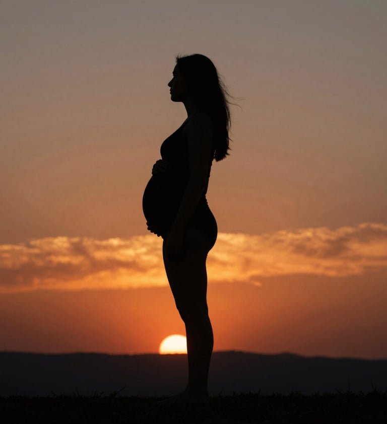 A cinematic silhouette of a pregnant woman standing on a hill against a deep orange and Charcoal (#333333) sunset sky. The composition is artistic and storytelling-focused, highlighting the beautiful curve of motherhood.