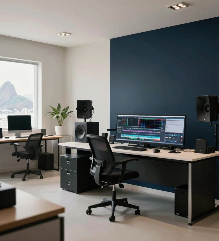 Cinematic wide shot of a creative studio in Rio de Janeiro, high-end editing workstations, minimalist decor with off-white and dark navy accents, professional atmosphere.