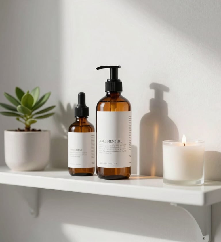 A minimalist bathroom shelf featuring skincare bottles, a small plant, and a pearl white candle, bright and clean professional photography.