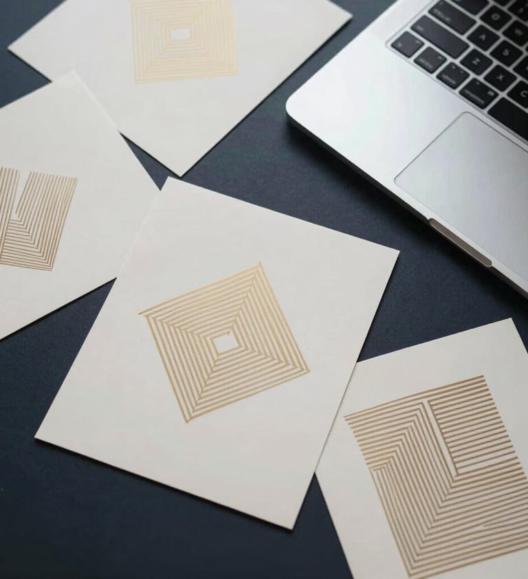 An artistic flat lay on a dark navy surface. Several off-white prints with muted gold geometric patterns are scattered next to a modern silver laptop. The atmosphere is one of creative, forward-thinking precision.