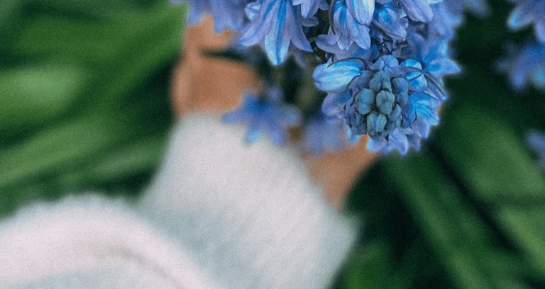 hand picking blue flower