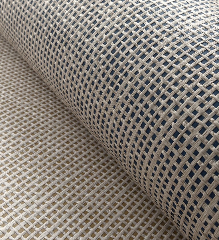 Close-up of a textured beige woven wallcovering with a cross-hatch grasscloth pattern.