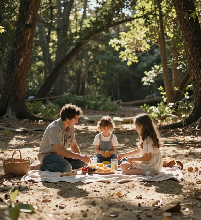 A family picnic on a soft sand colored blanket in a North American / US forest clearing. Sun-drenched light filtering through trees, creating a warm and inviting atmosphere, candid and authentic interaction.